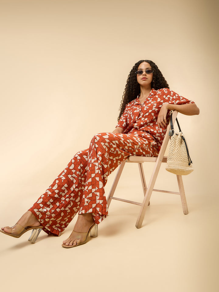 Rust Abstract Print Top And Pants Co Ord Set