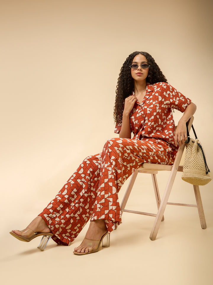 Rust Abstract Print Top And Pants Co Ord Set