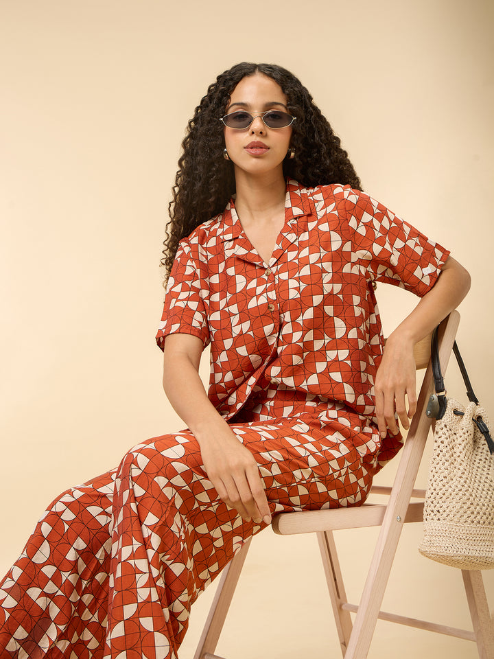 Rust Abstract Print Top And Pants Co Ord Set