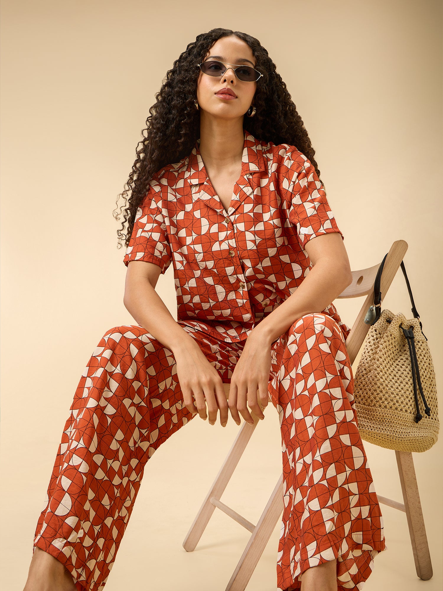 Rust Abstract Print Top And Pants Co Ord Set