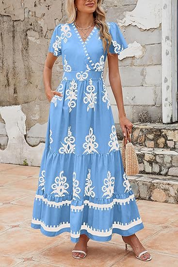 Light Blue Wrap Neck Contrast Coloured Printed Dress