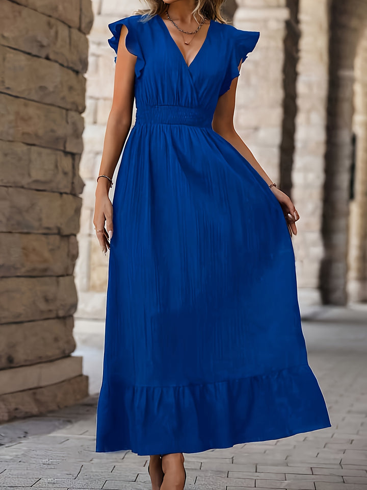 Blue Flutter Sleeves Solid Dress