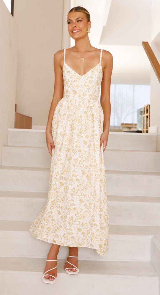 Yellow Printed Pointed Waistline Dress