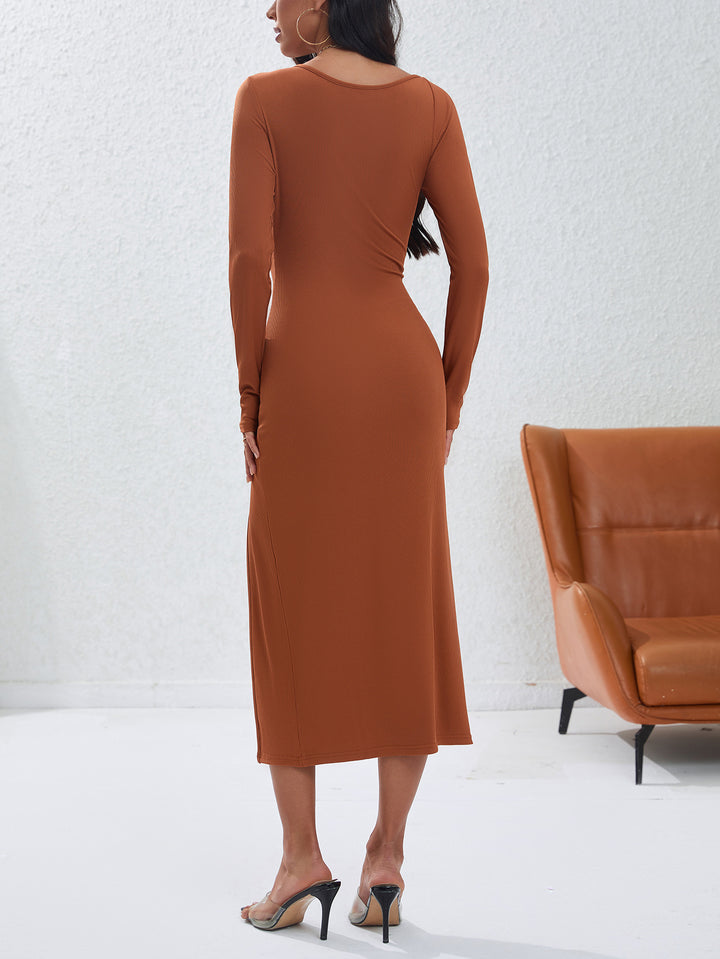Brown Side Neck Cut Out Bodycon Dress