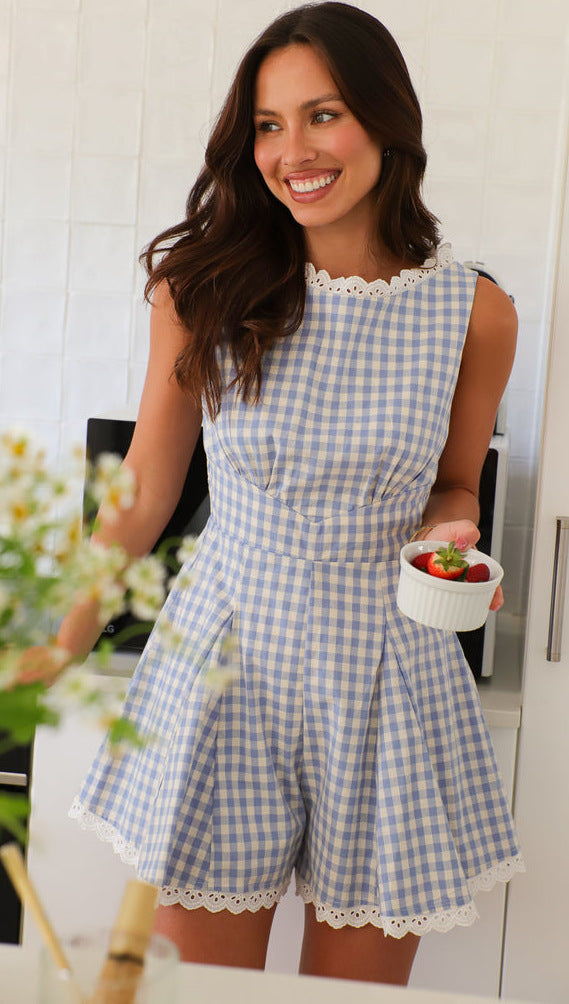 Blue Checkered High Neck Mini Dress