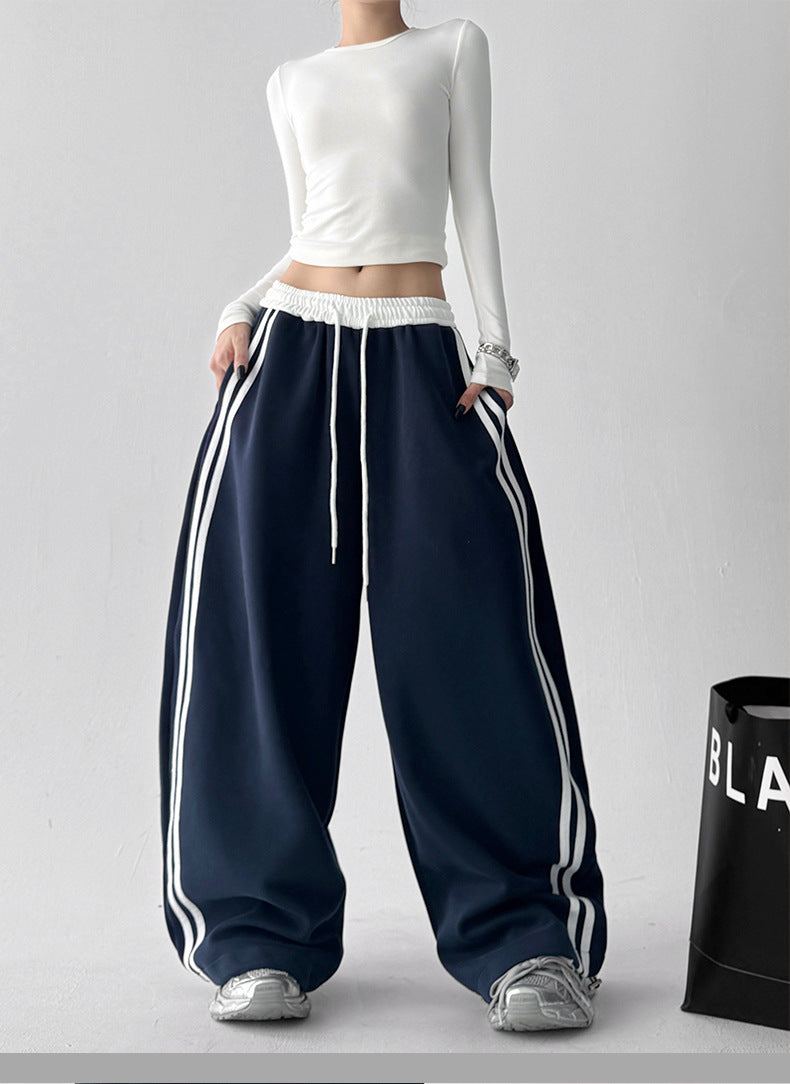 Navy Blue High Waist Contrast Band Baggy Pant