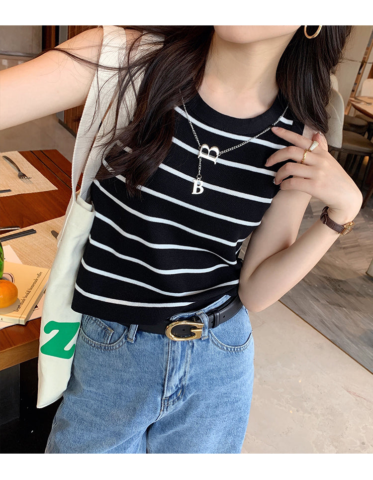 Black Sleeveless Basic Striped Tank Top