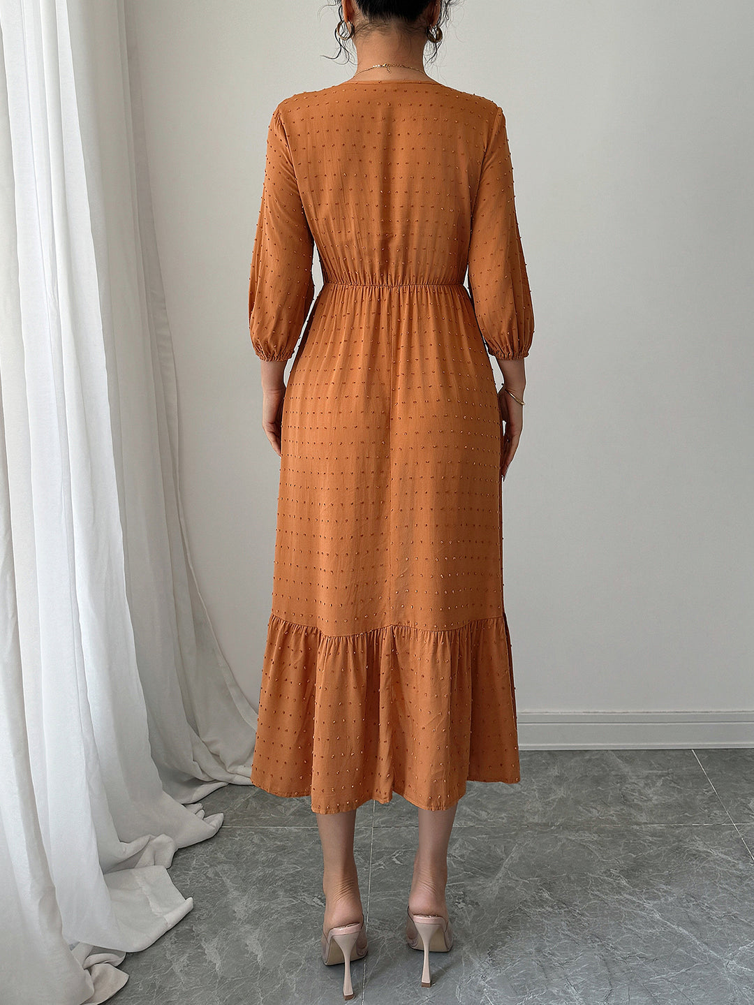 Orange Dobby Textured Fit & Flare Tiered Dress