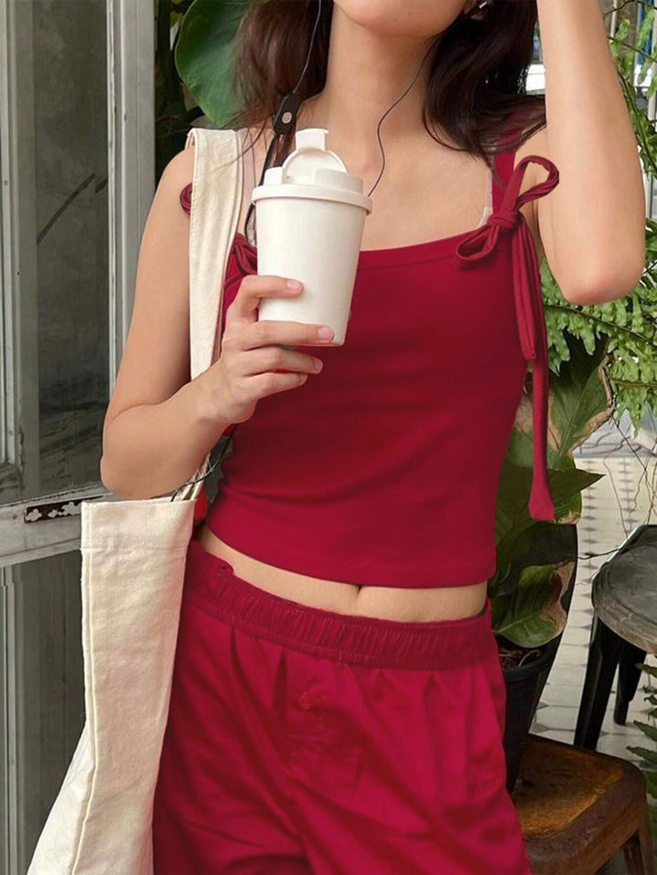 Red Shoulder Strap Front Bow Top