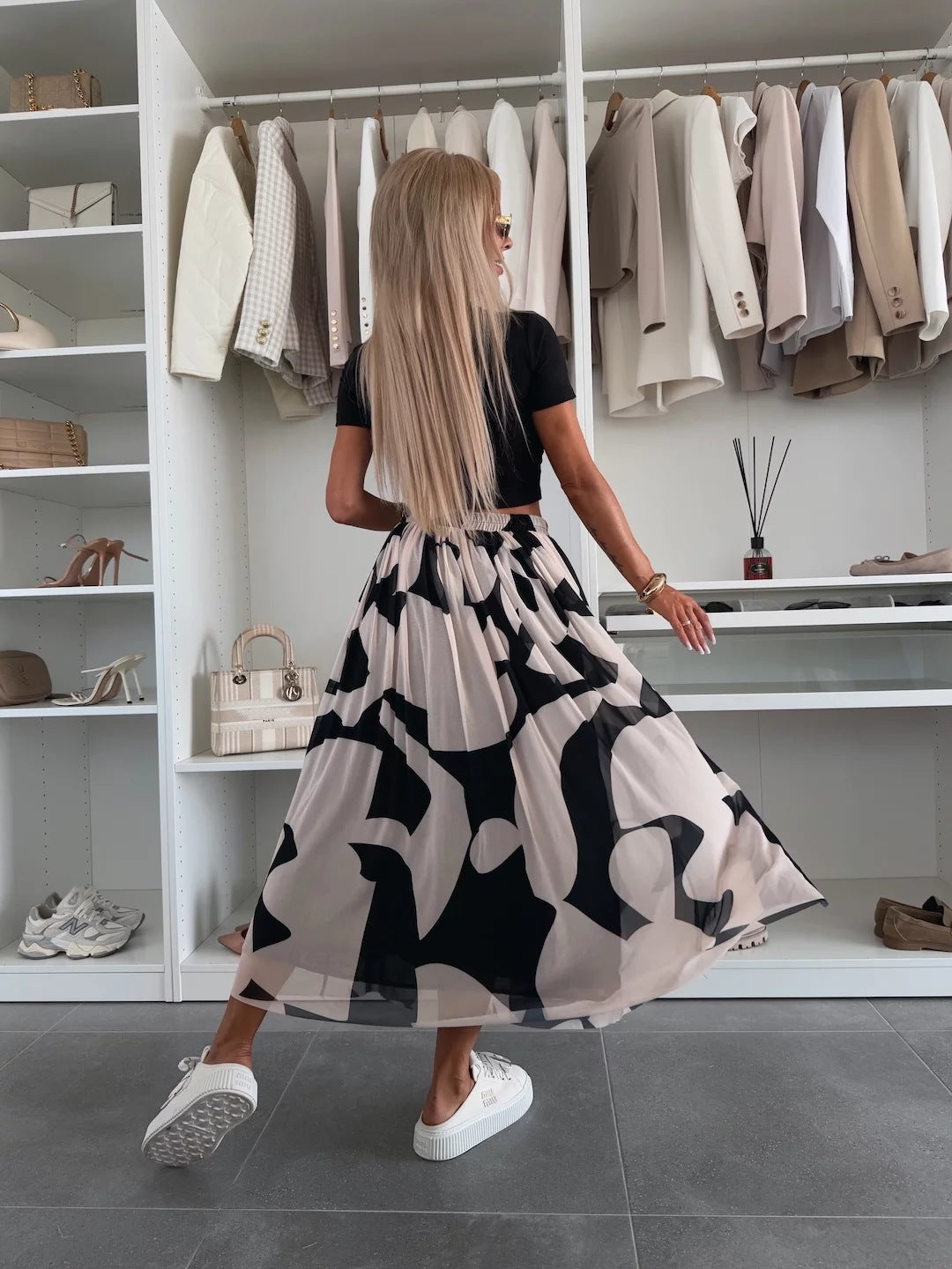 White Printed Pleated Flowy Skirt