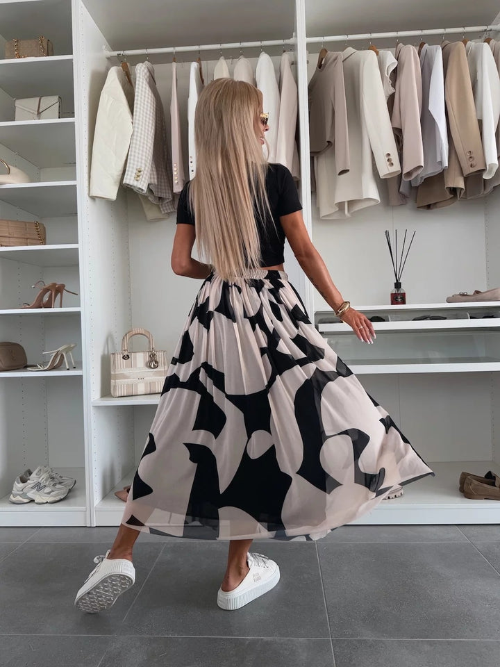 White Printed Pleated Flowy Skirt
