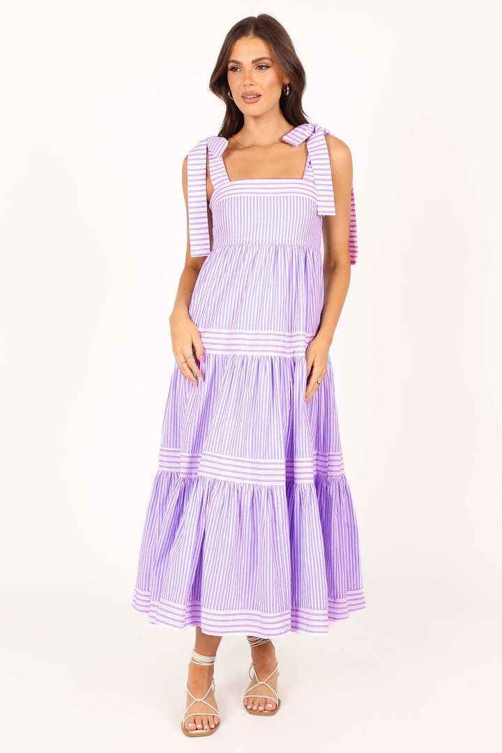 Purple Bow Tie-Up Tiered Dress