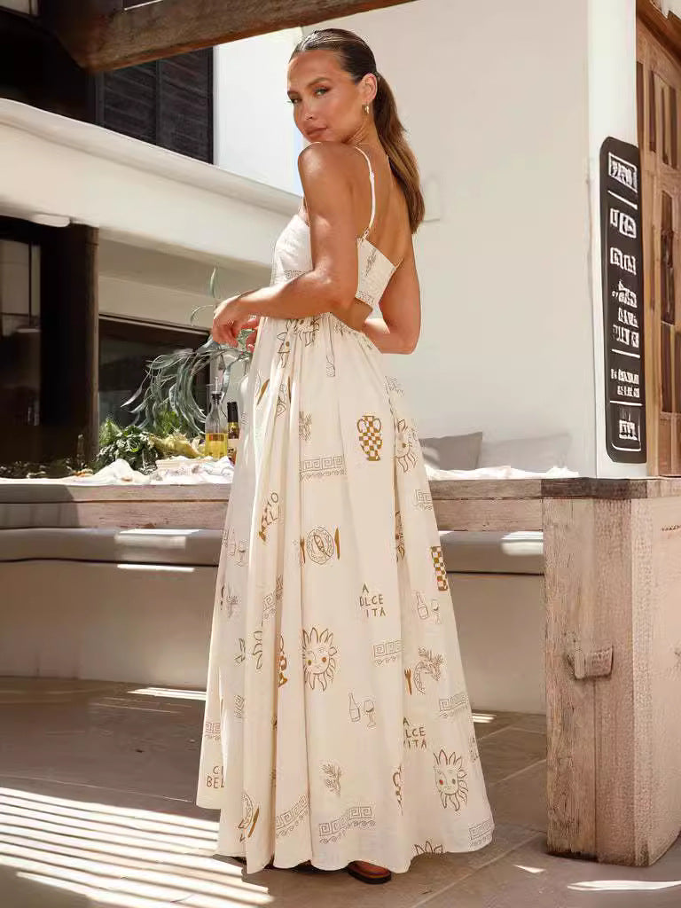 Beige Strappy Printed Maxi