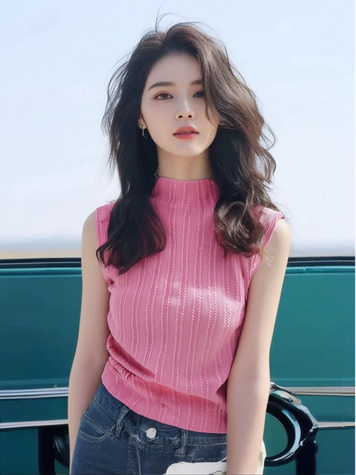 Pink High Neck Textured Tank