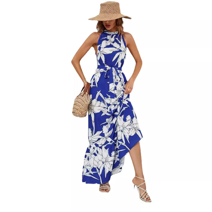 Blue Printed Halter Neck Maxi Dress
