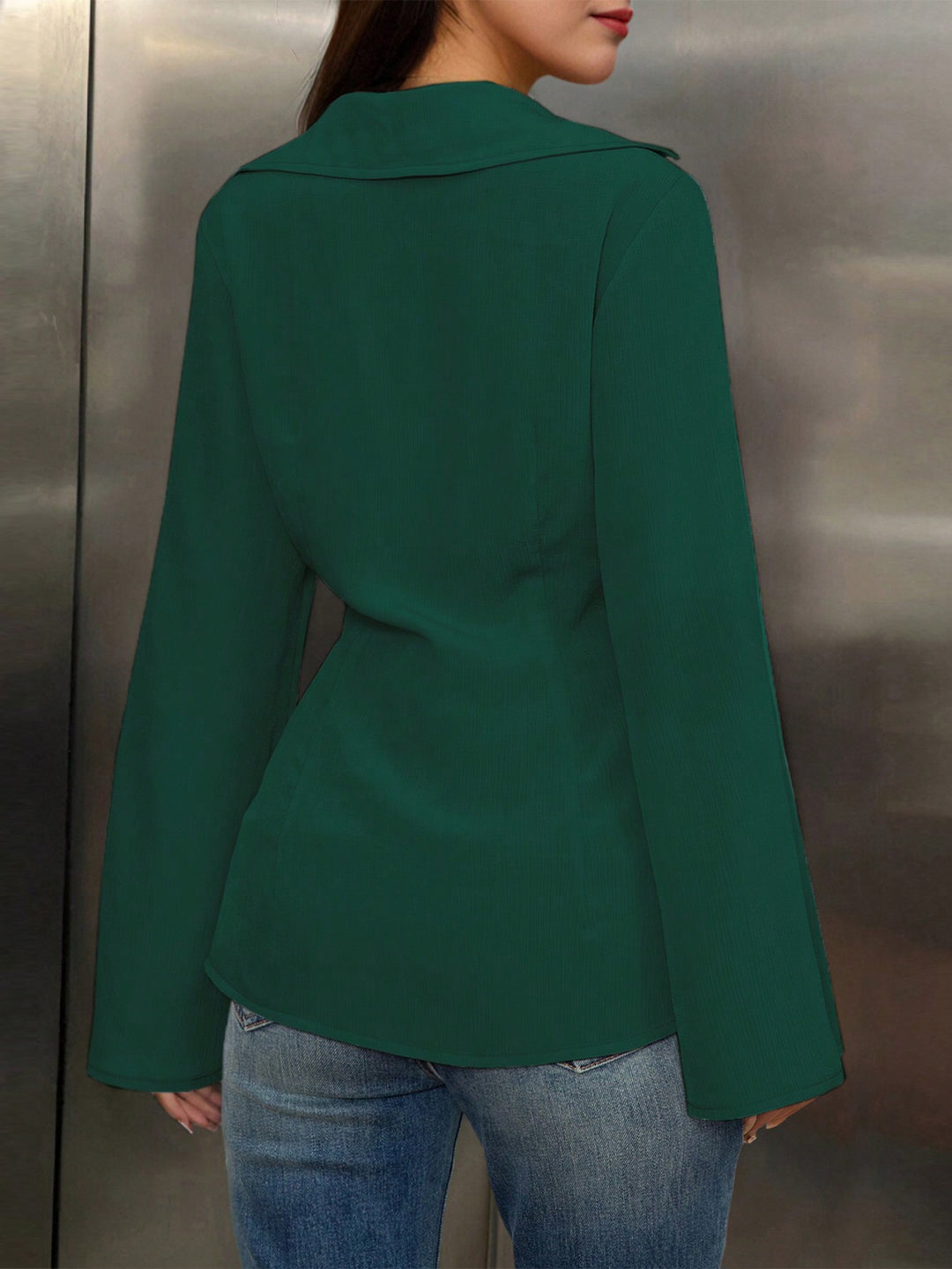 Green V-Neck Long Sleeve Shirt