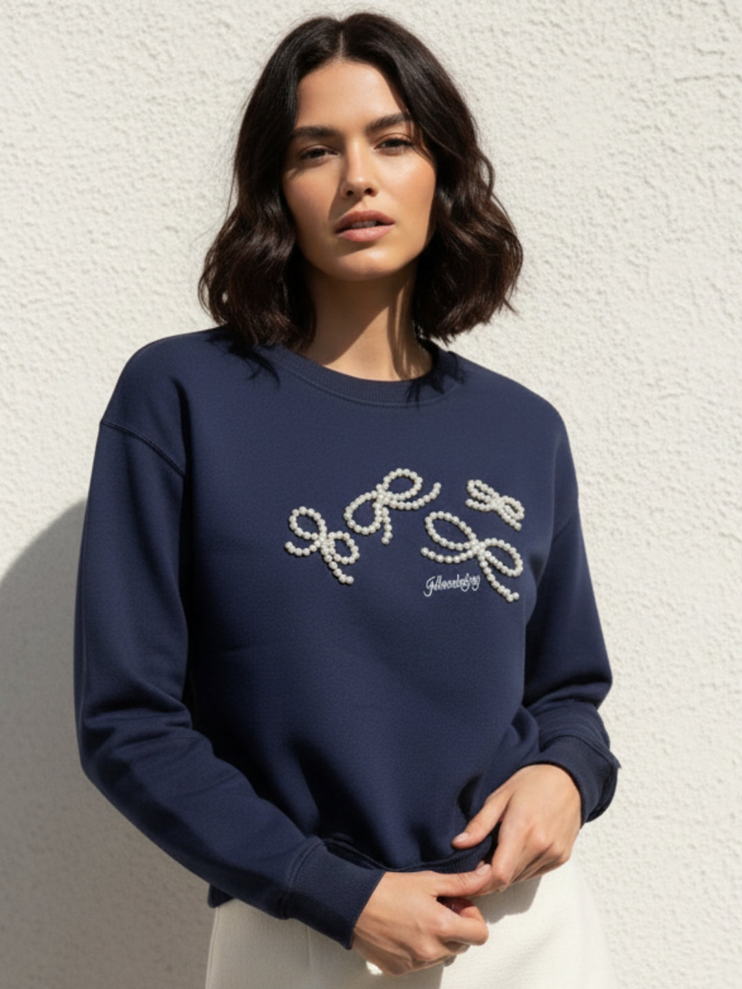 Navy blue Bold Bow Embroidery Sweatshirt