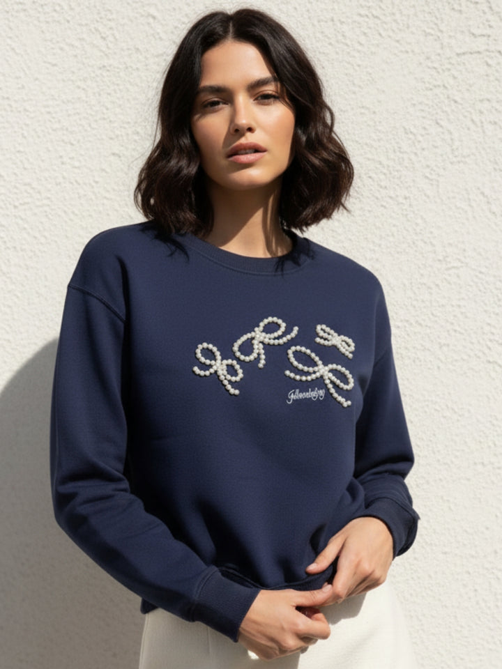 Navy blue Bold Bow Embroidery Sweatshirt