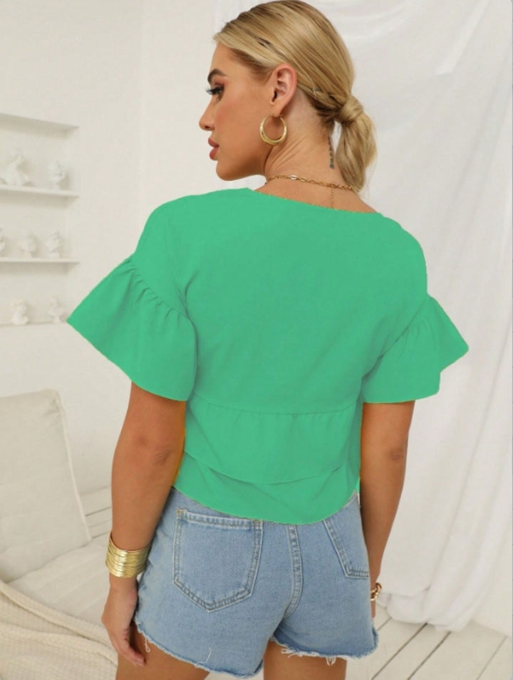 Green Ruffle Hem Peplum Top