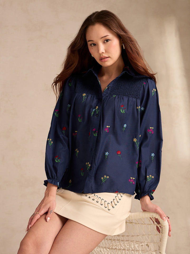 Navy Blue All-over Embroidered Blouse With Smocked Yoke Detail