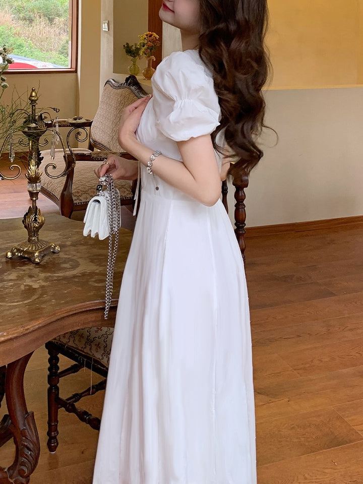 White Square Neck Midi Dress With Puff Sleeve