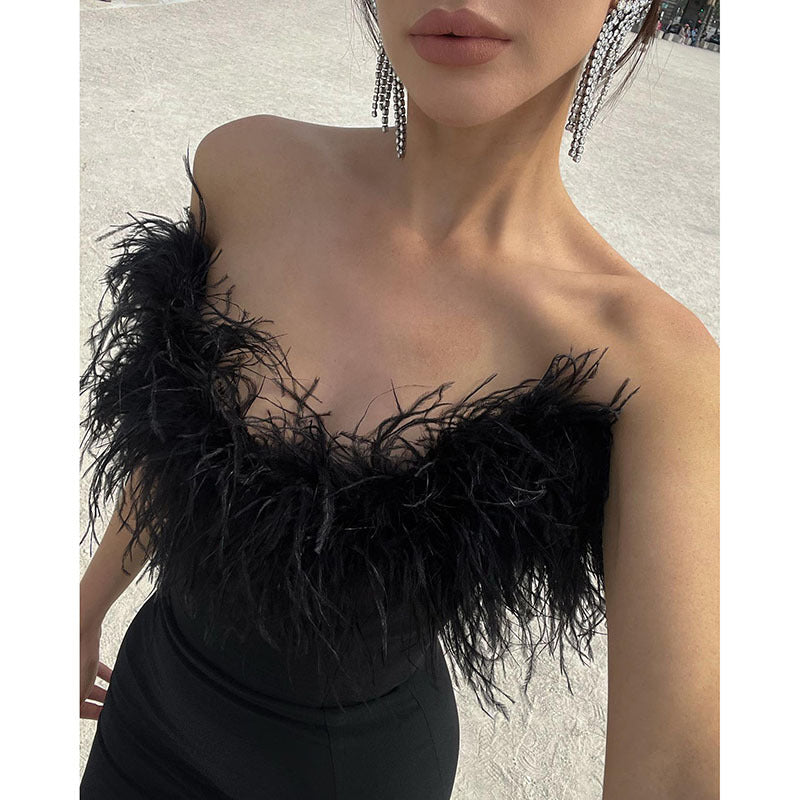 Black Feather Off Shoulder Maxi Dress