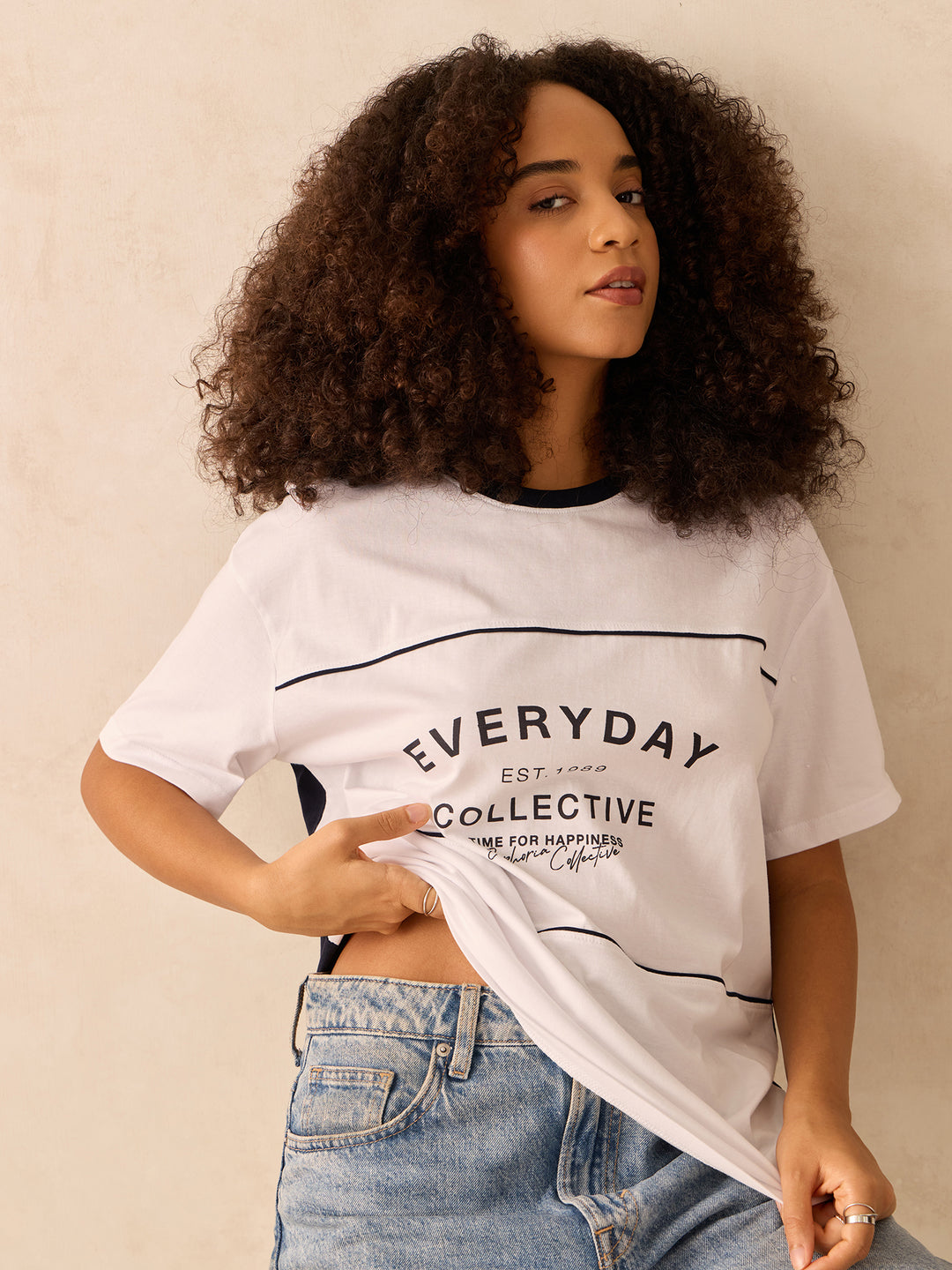 Navy Blue Oversized T-Shirt With Graphic And Cut & Sew Highlights