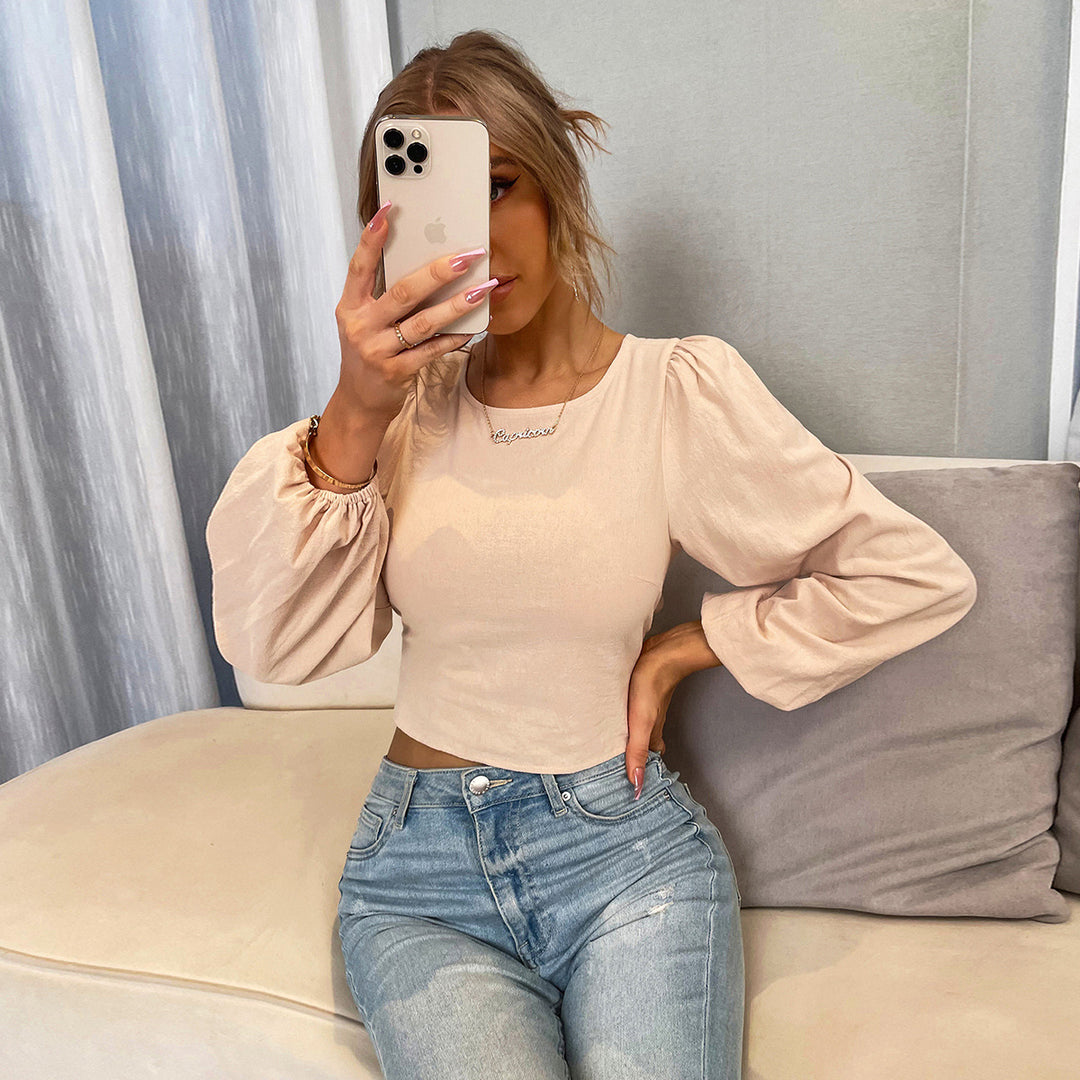 Khaki Bishop Sleeve Back Tie-Up Detail Top