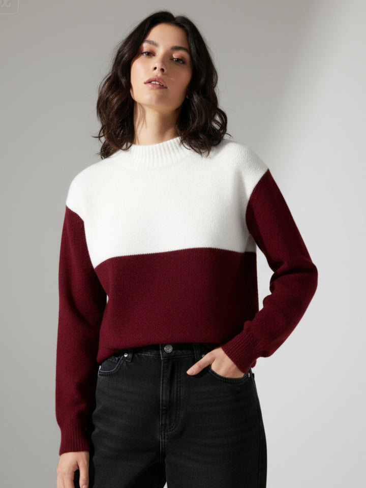 Maroon Full Sleeve Mock Neck Colour Block Sweater
