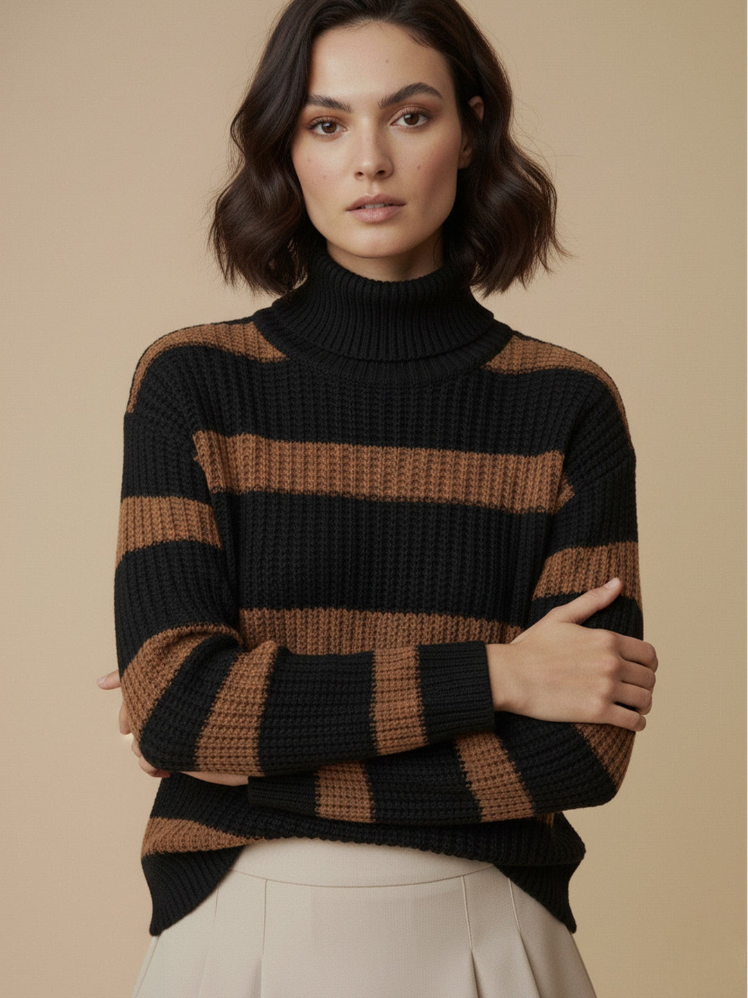 Black High Neck Striper Sweater