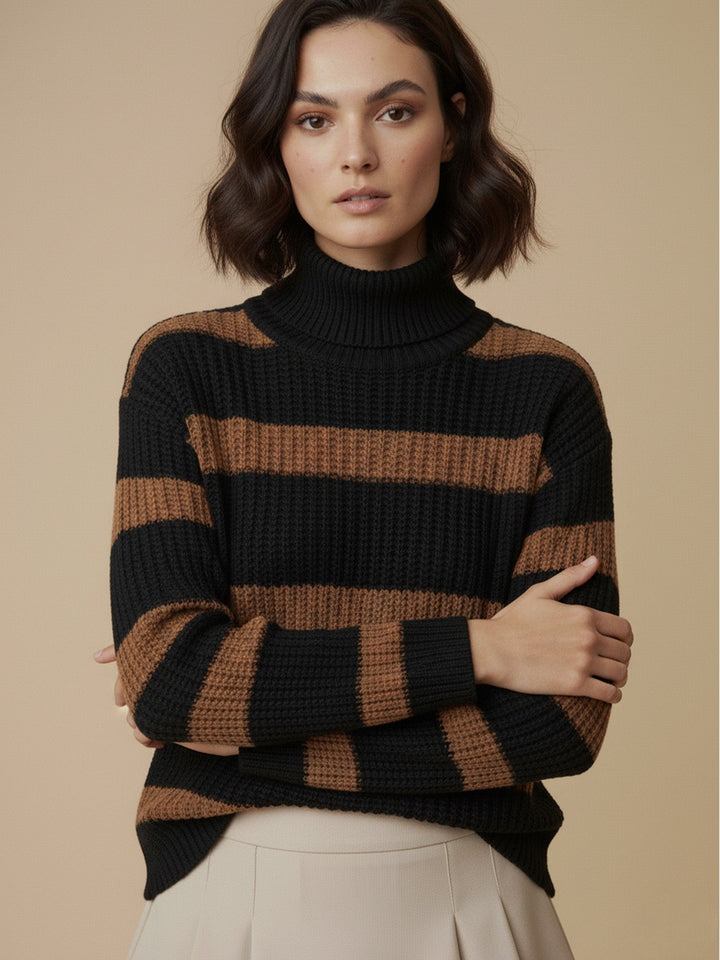 Black High Neck Striper Sweater