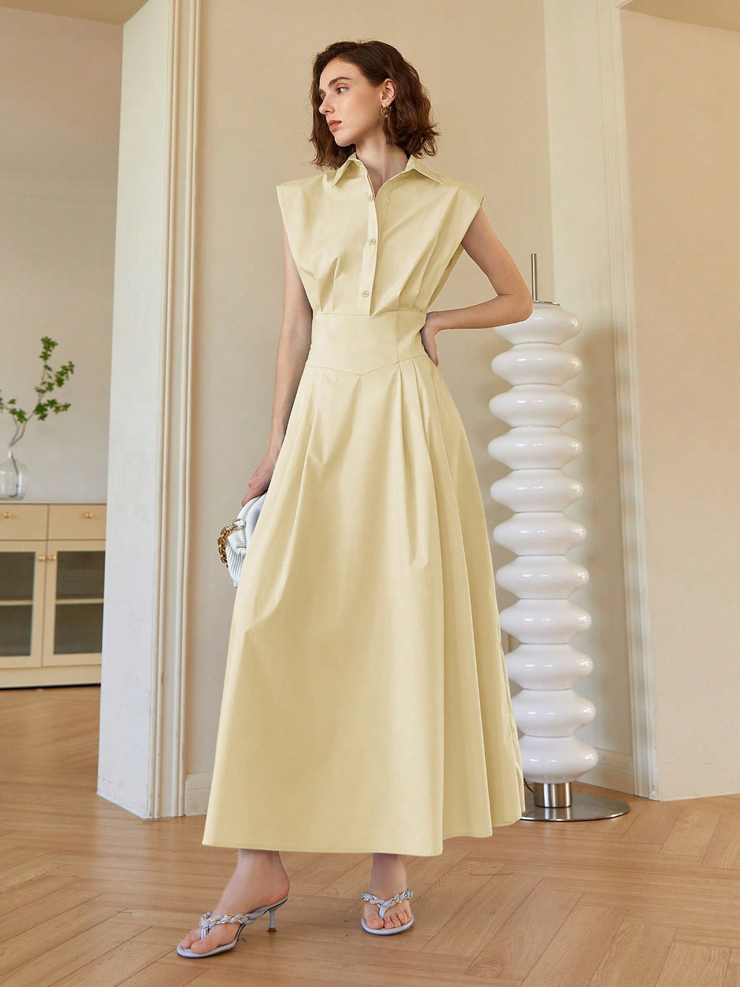 Cream Front Button Shirt Style Sleeveless Dress