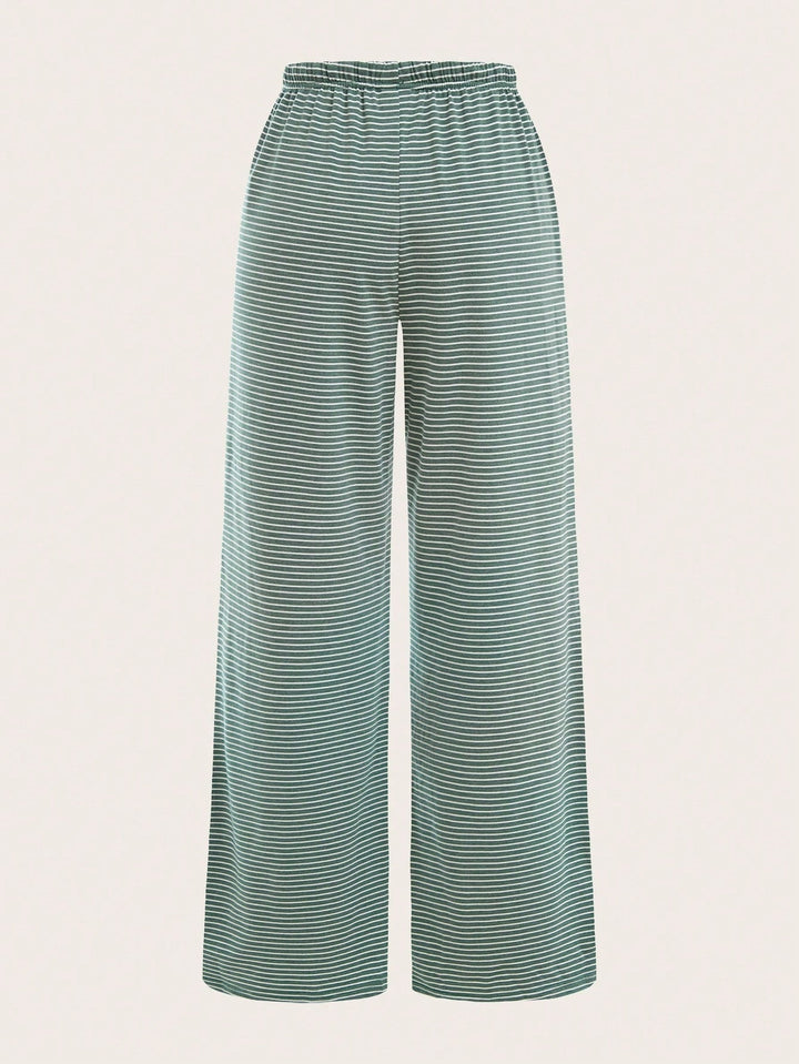 Light Blue Striped Drawstring Wide Leg Trousers