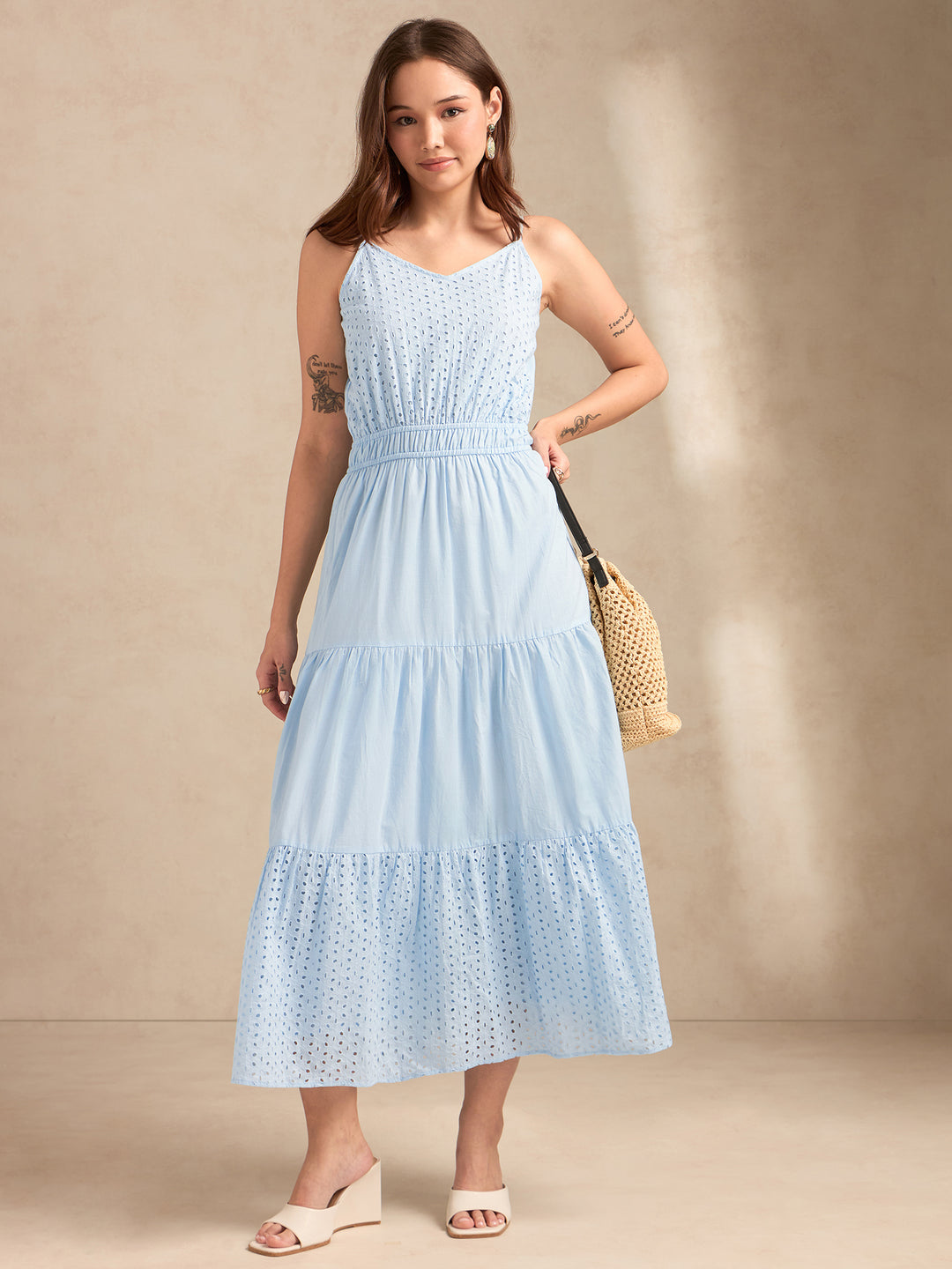 Light Blue Strappy Schiffli Maxi Dress