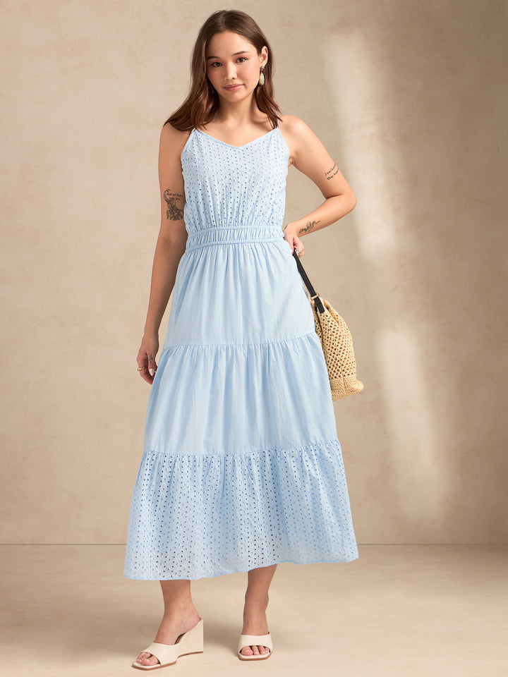 Light Blue Strappy Schiffli Maxi Dress