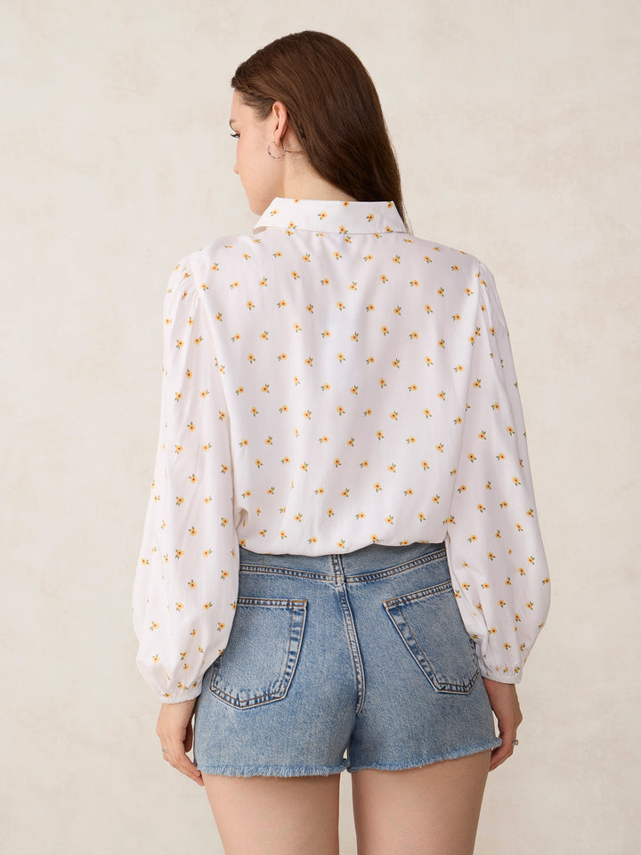 White Balloon Sleeve Printed Cropped Shirt