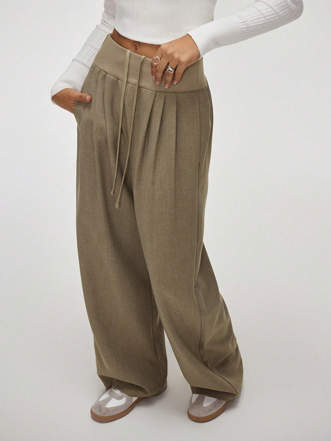 Brown Baggy Fitted Elasticated Waistband Trouser