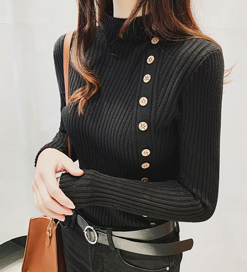 Black Full Sleeve Button Trim Fitted Sweaters