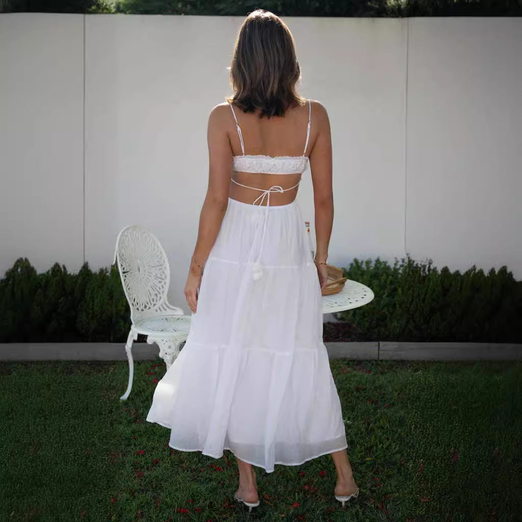 White Noodle Strap Back Tie Up Dress