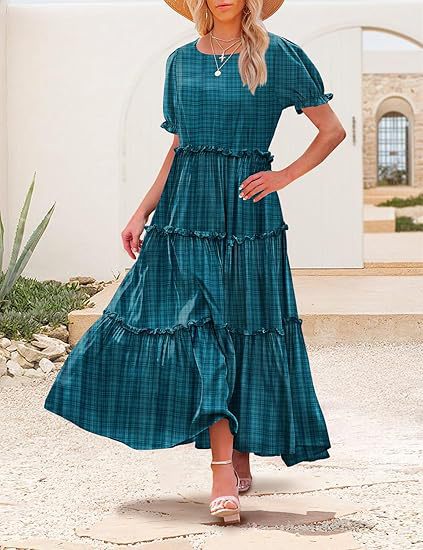 Teal Scoop Round Neck Printed Tiered Dress