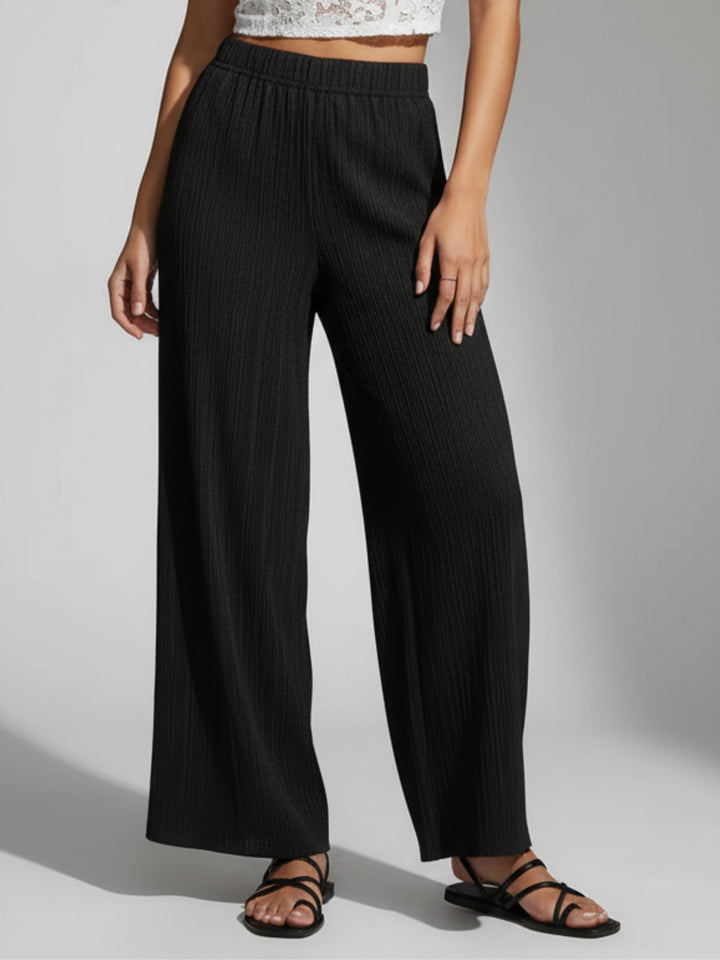 Black Flat Waistband Textured Wide Leg Trouser