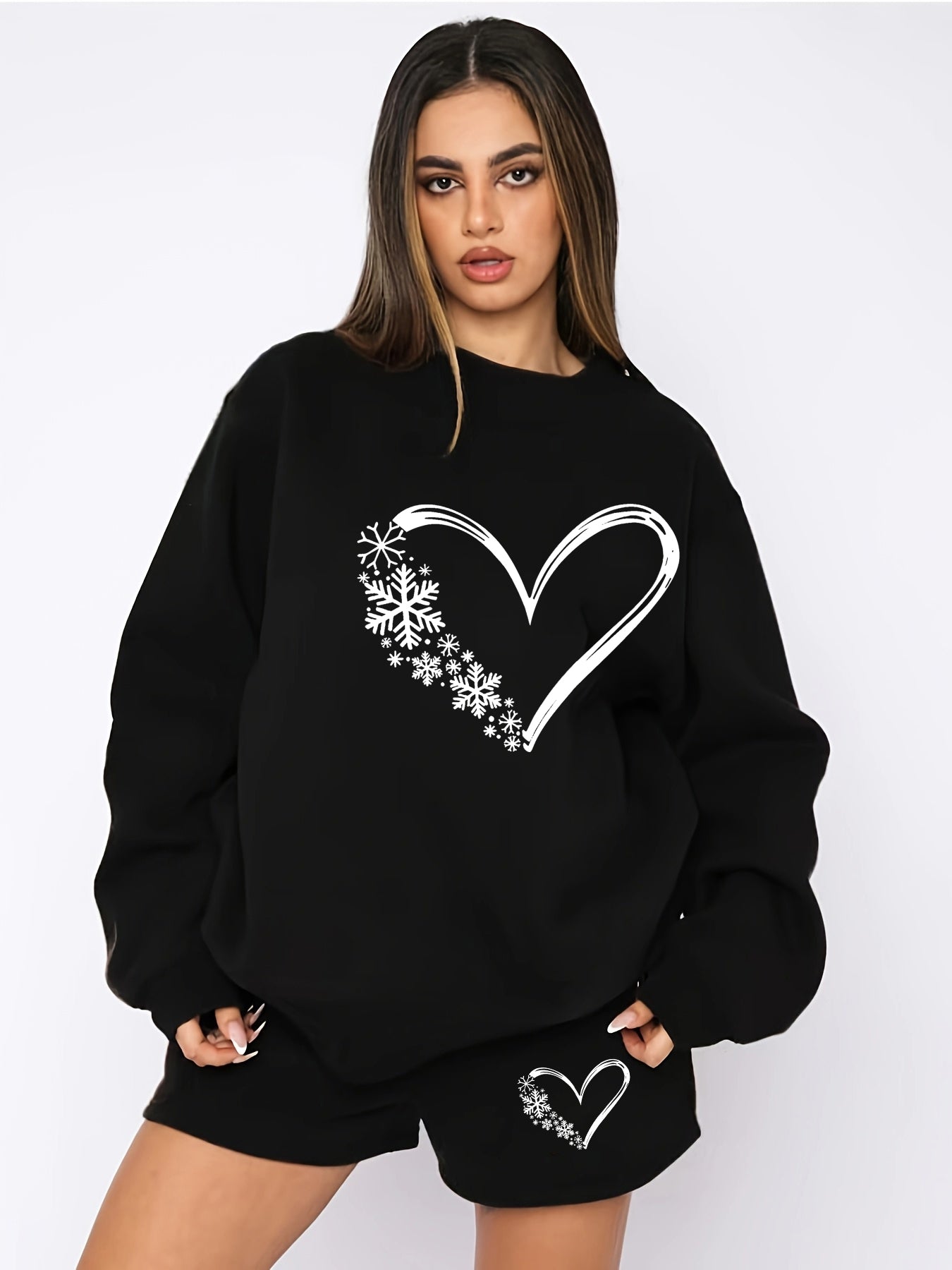 Black Printed Sweatshirt And Shorts Co-Ord Set