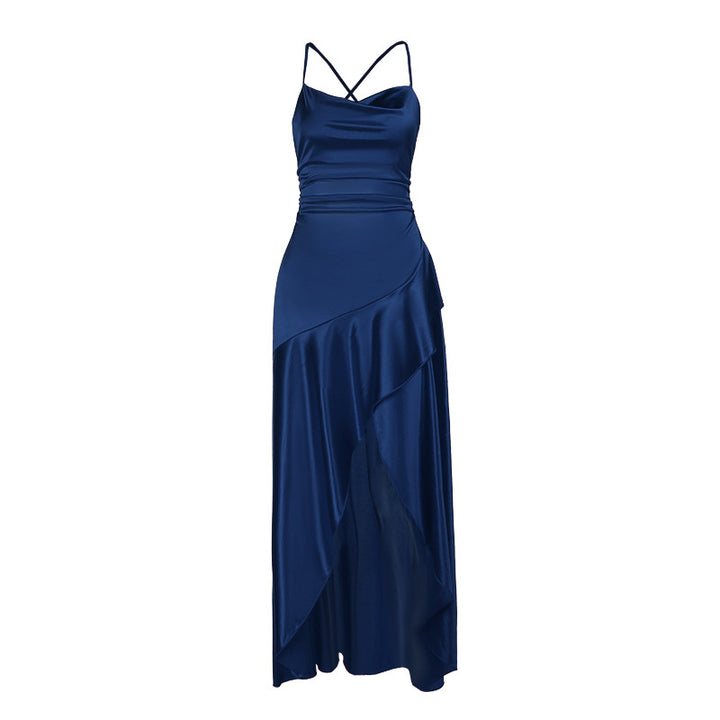 Navy Blue Wrap Over Asymmetric Hem Dress