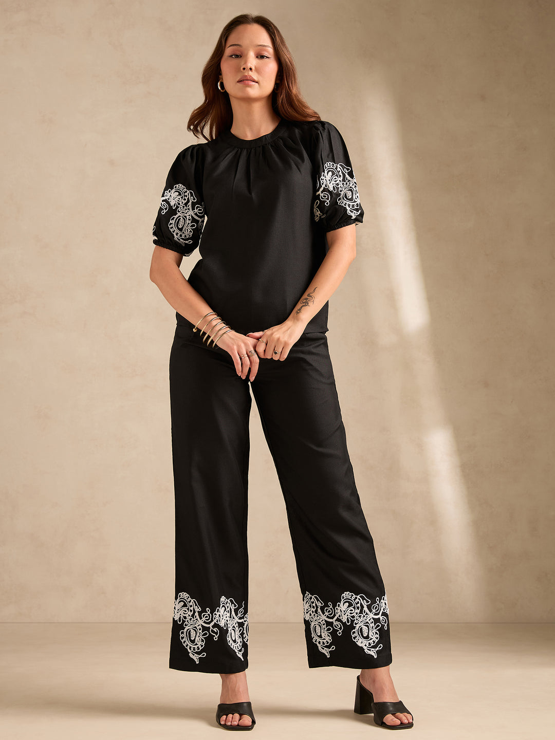 Black Co-Ord Set Embroidered Top With Straight Leg Trouser