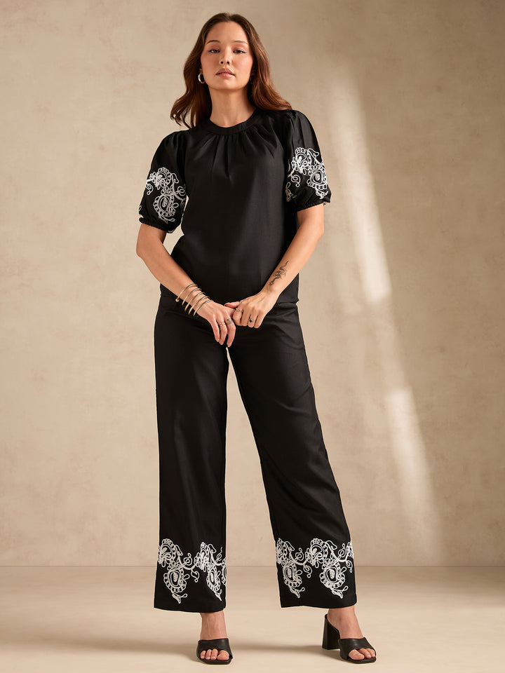 Black Co-Ord Set Embroidered Top With Straight Leg Trouser