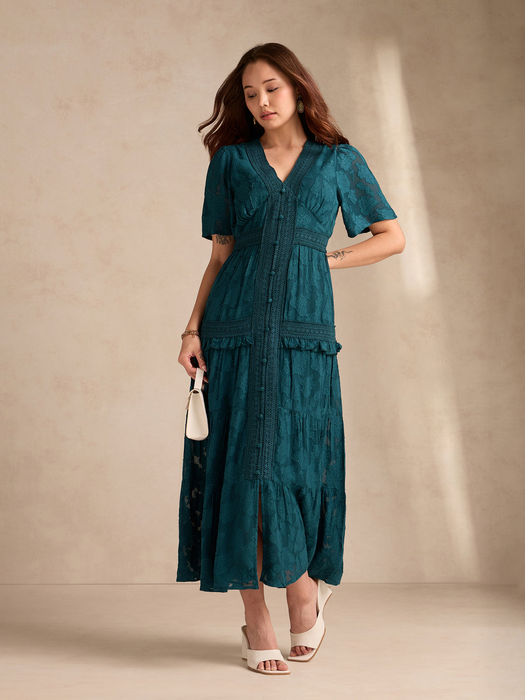 Teal Plunge Neck Jacquard Tiered Dress With Lace Detail