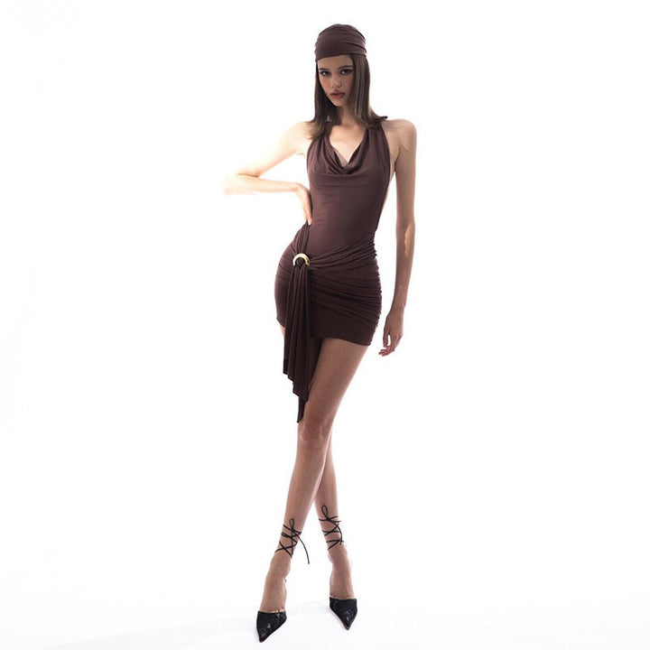 Brown Cowl Neck Wrap Fitted Dress