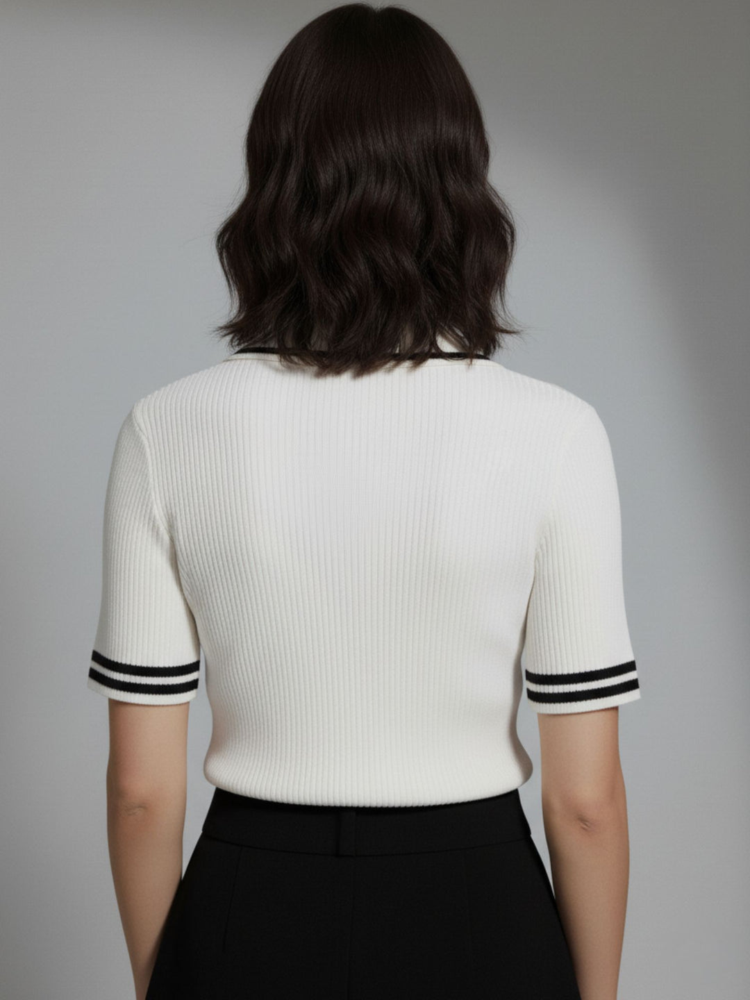 White Contrast Tipping Polo Flat Knit Top