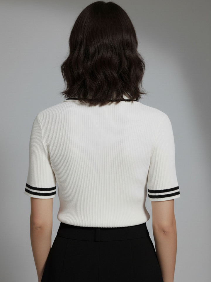 White Contrast Tipping Polo Flat Knit Top