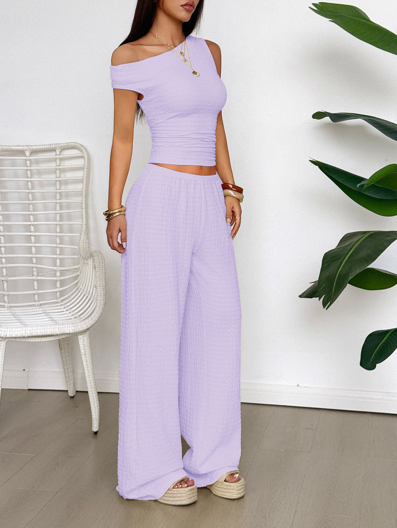 Purple Textured Top And Pants Co-Ord Set